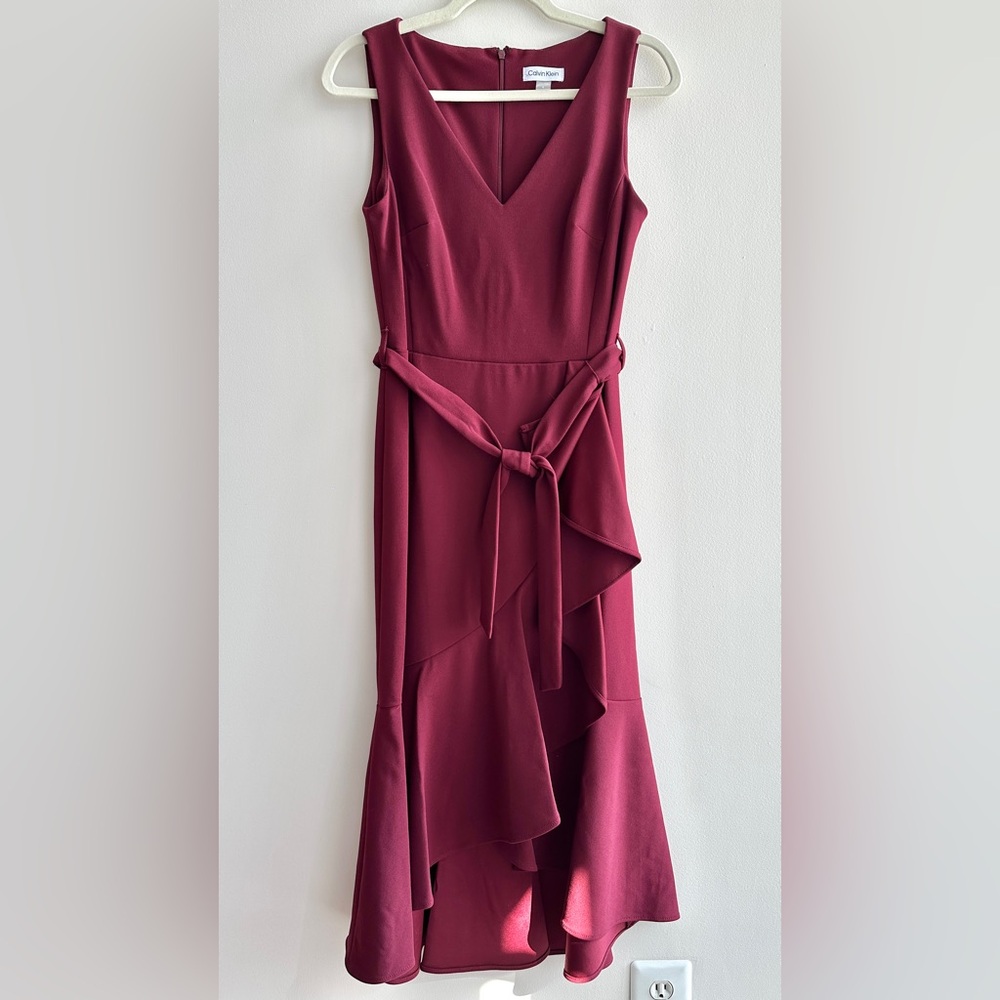 Calvin Klein Burgundy Midi Dress with Waist Tie